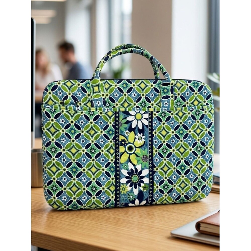 Vera Bradley Quilted Laptop Bag Case Limes Up Green Blue Floral Geometric Cotton